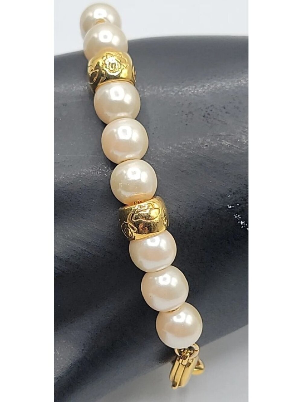 Vintage LCI Liz Claiborne Faux Pearl Gold Tone Bead Bracelet 1990s 7.5" Cable - Picture 3 of 13